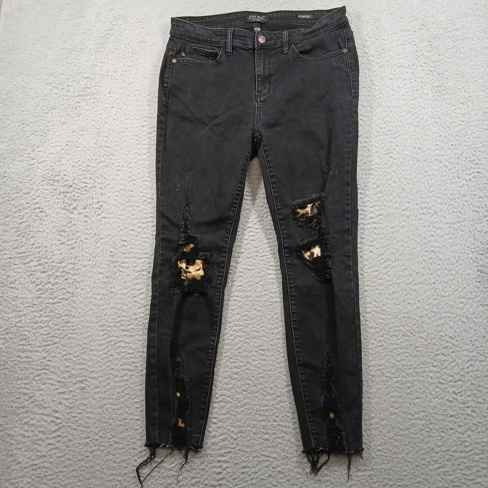 Judy Blue Leopard Patch Distressed Skinny Jeans‎ Womens 11/30 Black Denim EUC